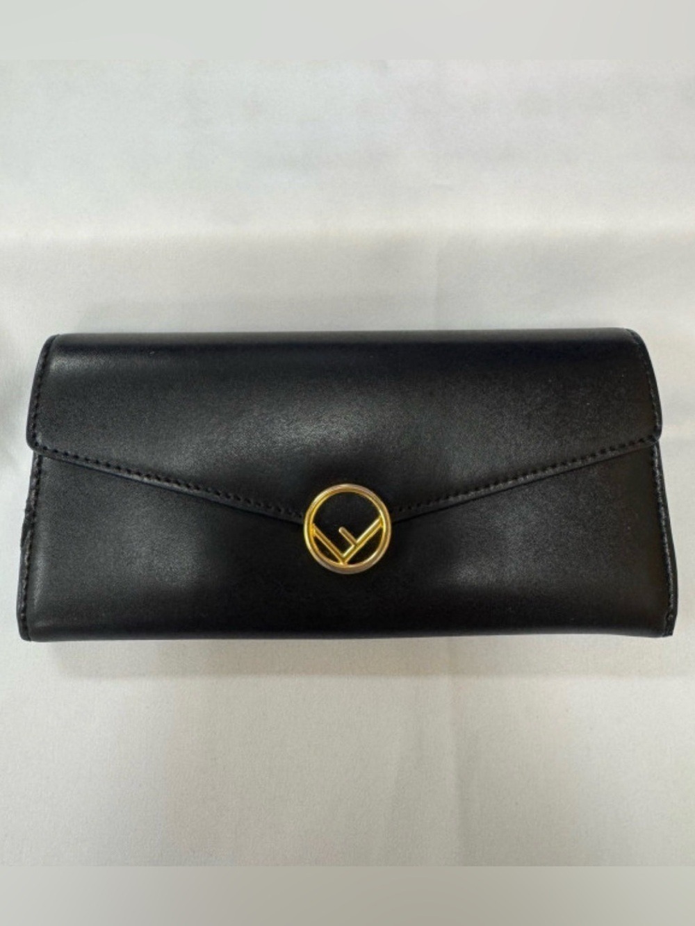 Black Leather Envelope Clutch with Gold Circle Emblem